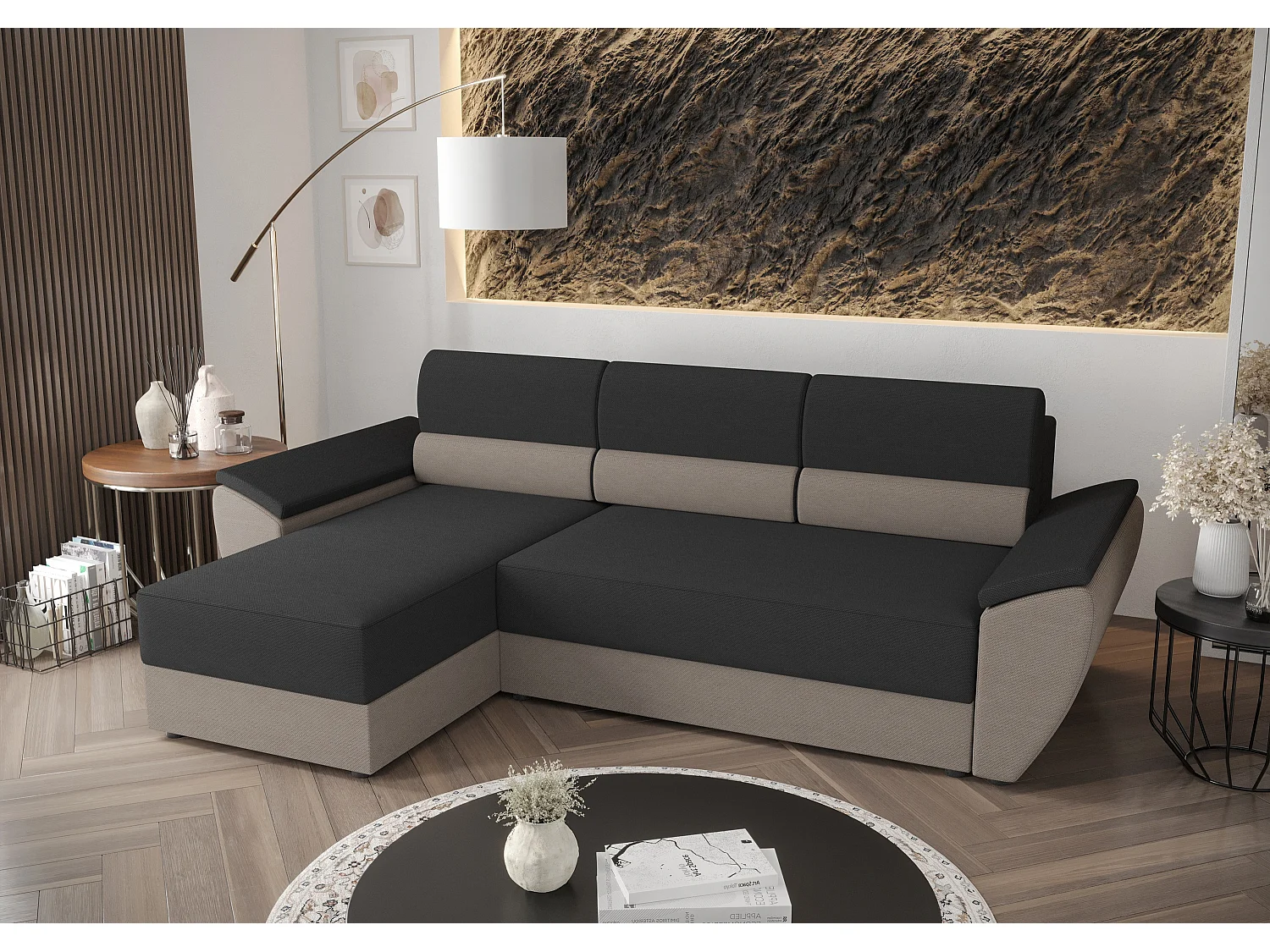 BEDANTE Ecksofa L REBI L2 Rainbow 27/83 Links mit Schlaffunktion, Grau/Beige, L-Form, Sofa mit Stauraum, Bettkasten, Wohnzimmersofa, Couch, Sofa, Bettsofa