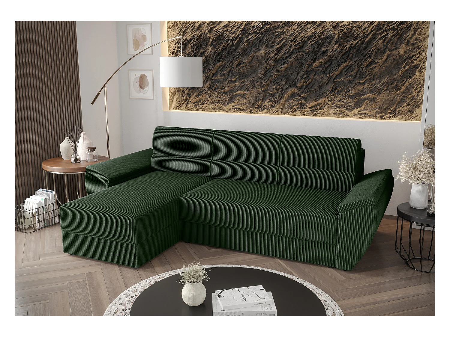 BEDANTE canapé d’angle en L REBI L2 Poso 14 gauche avec fonction couchage, vert, forme en L