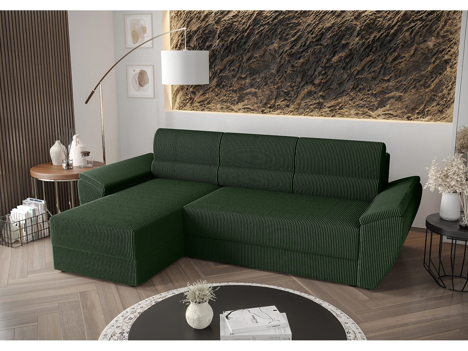 BEDANTE canapé d’angle en L REBI L2 Poso 14 gauche avec fonction couchage, vert, forme en L