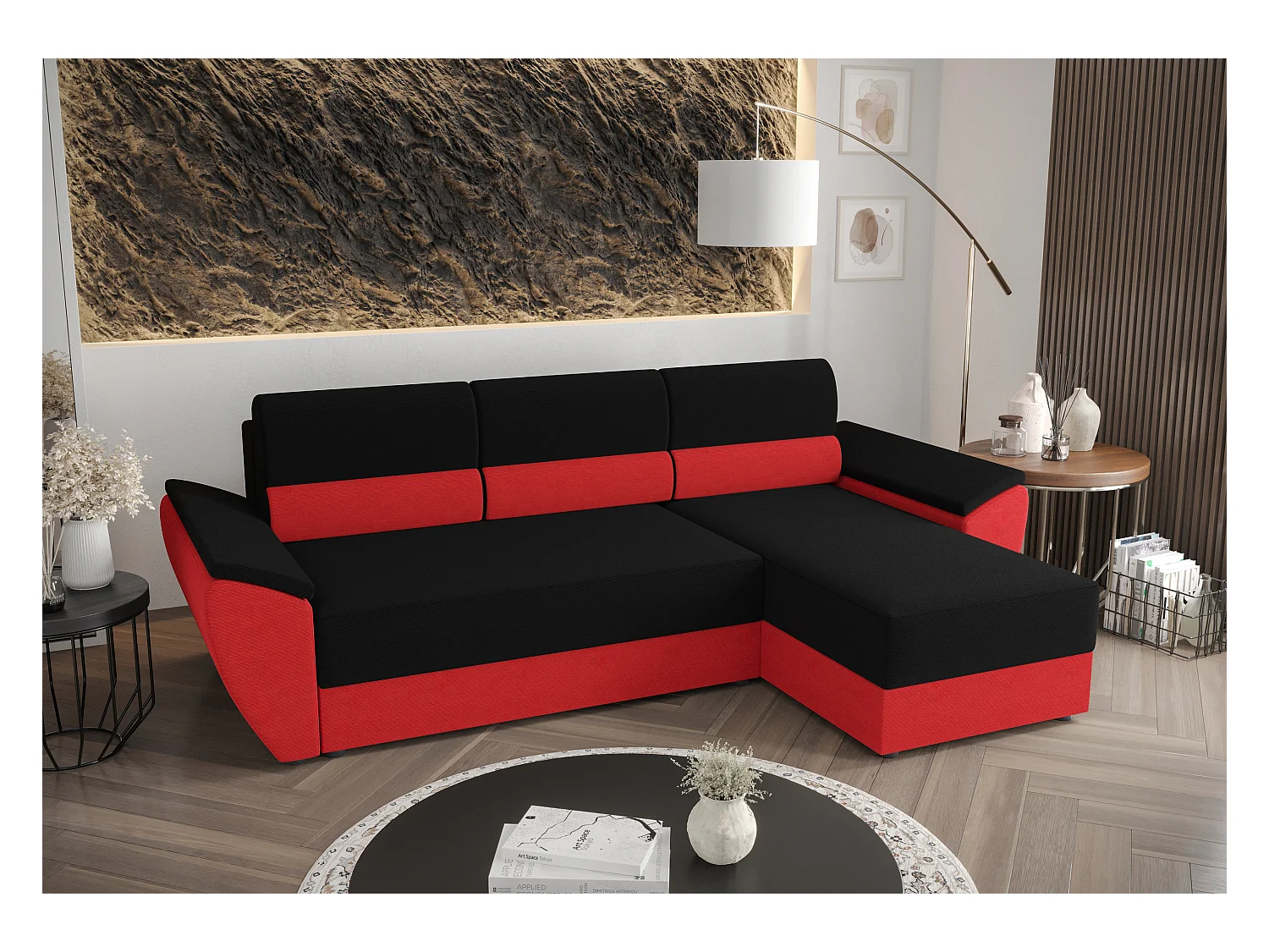 BEDANTE Ecksofa L REBI L2 Rainbow 15/22 Rechts mit Schlaffunktion, Schwarz/Rot, L-Form, Sofa mit Stauraum, Bettkasten, Wohnzimmersofa, Couch, Sofa, Bettsofa