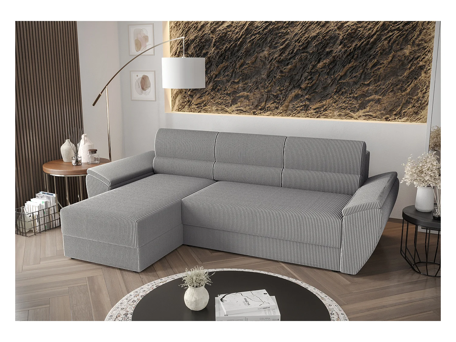 BEDANTE Canapé d’angle L REBI L2 Poso 110 Gauche avec fonction lit, gris clair, en forme de L
