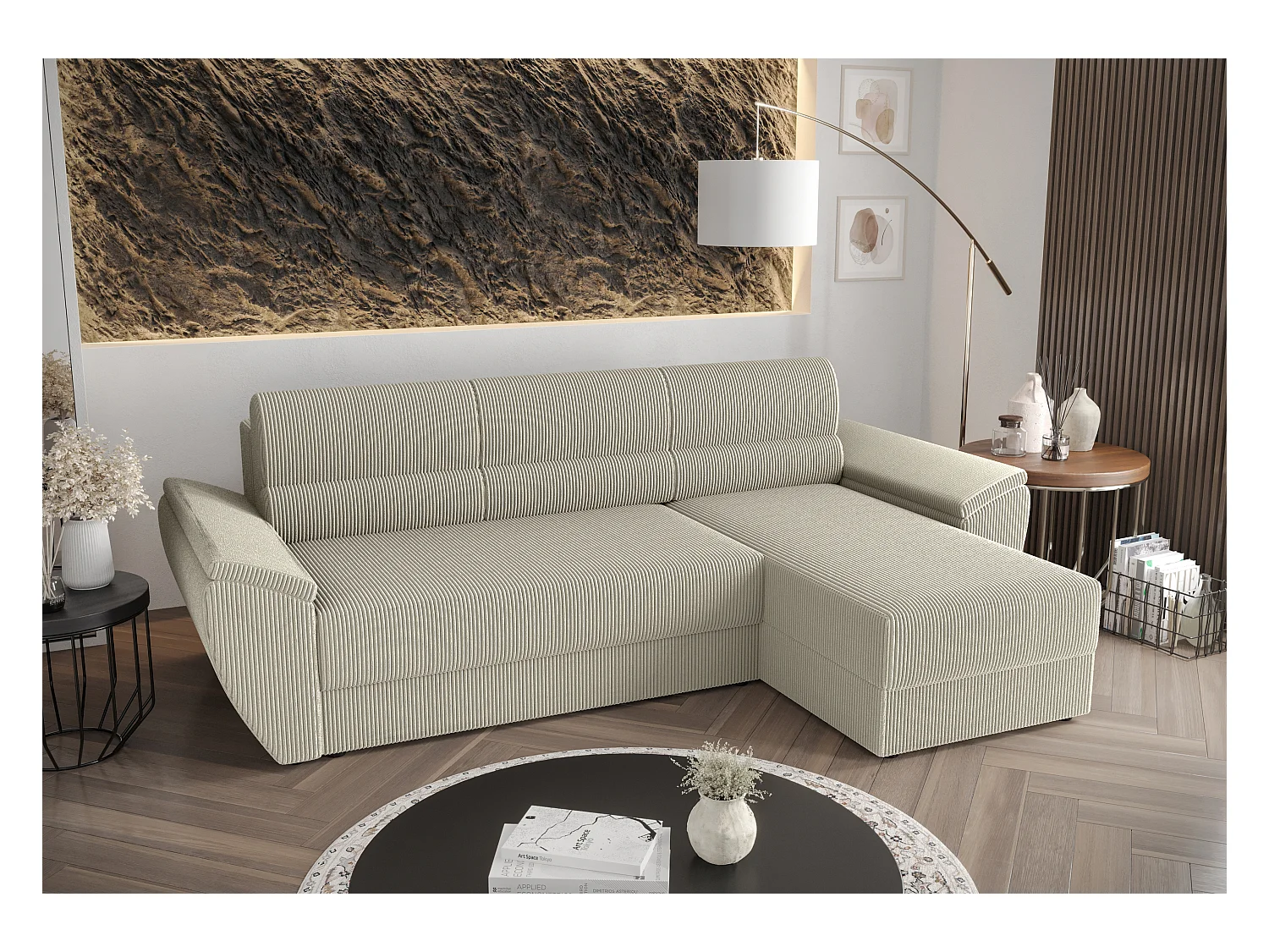 BEDANTE Hoekbank L REBI L2 Poso 100 Rechts met slaapfunctie, beige, L-vorm, bank met opbergruimte, bedlade, woonkamerbank, bankstel, sofa, slaapbank