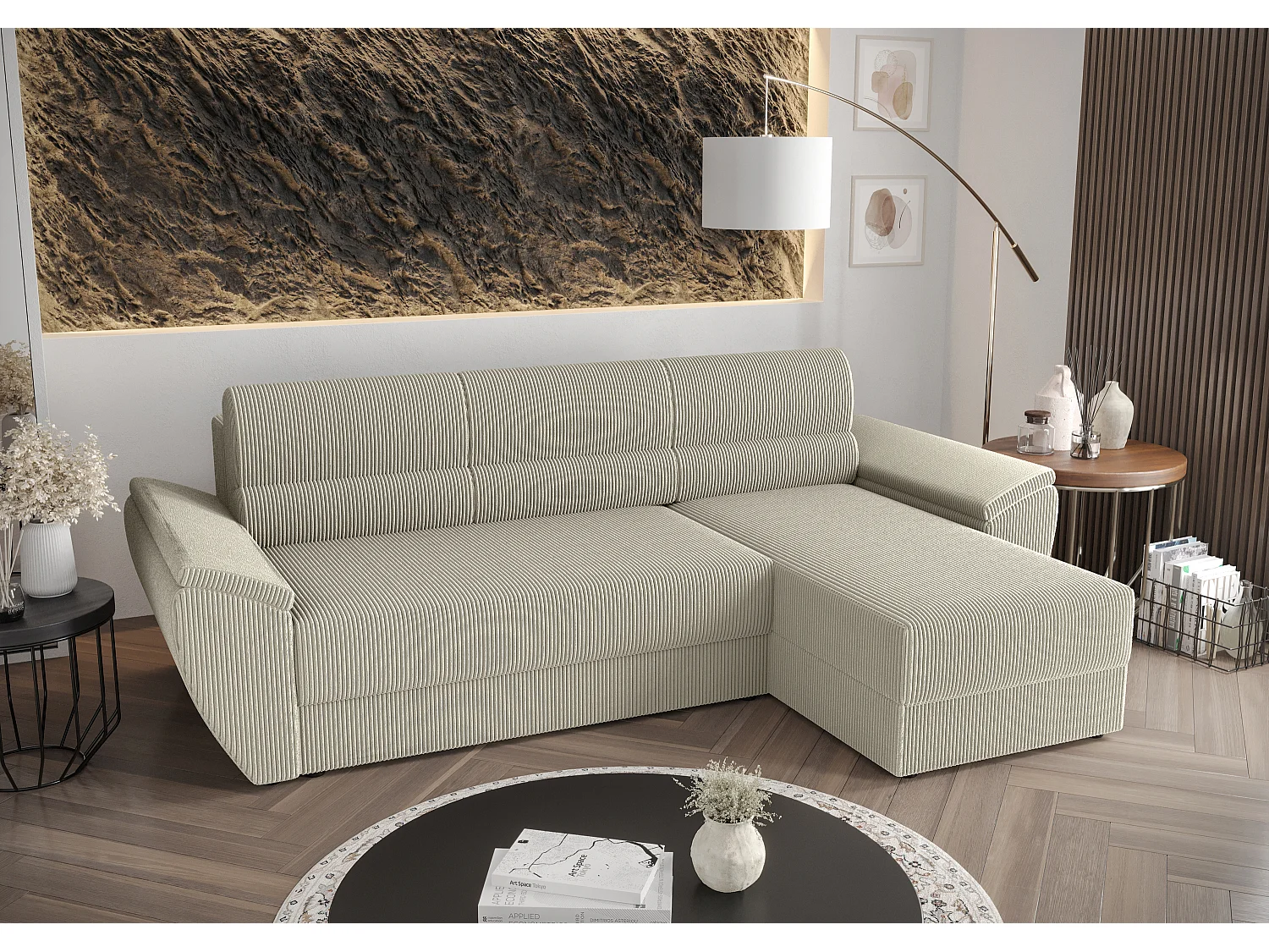 BEDANTE Ecksofa L REBI L2 Poso 100 Rechts mit Schlaffunktion, Beige, L-Form, Sofa mit Stauraum, Bettkasten, Wohnzimmersofa, Couch, Sofa, Bettsofa