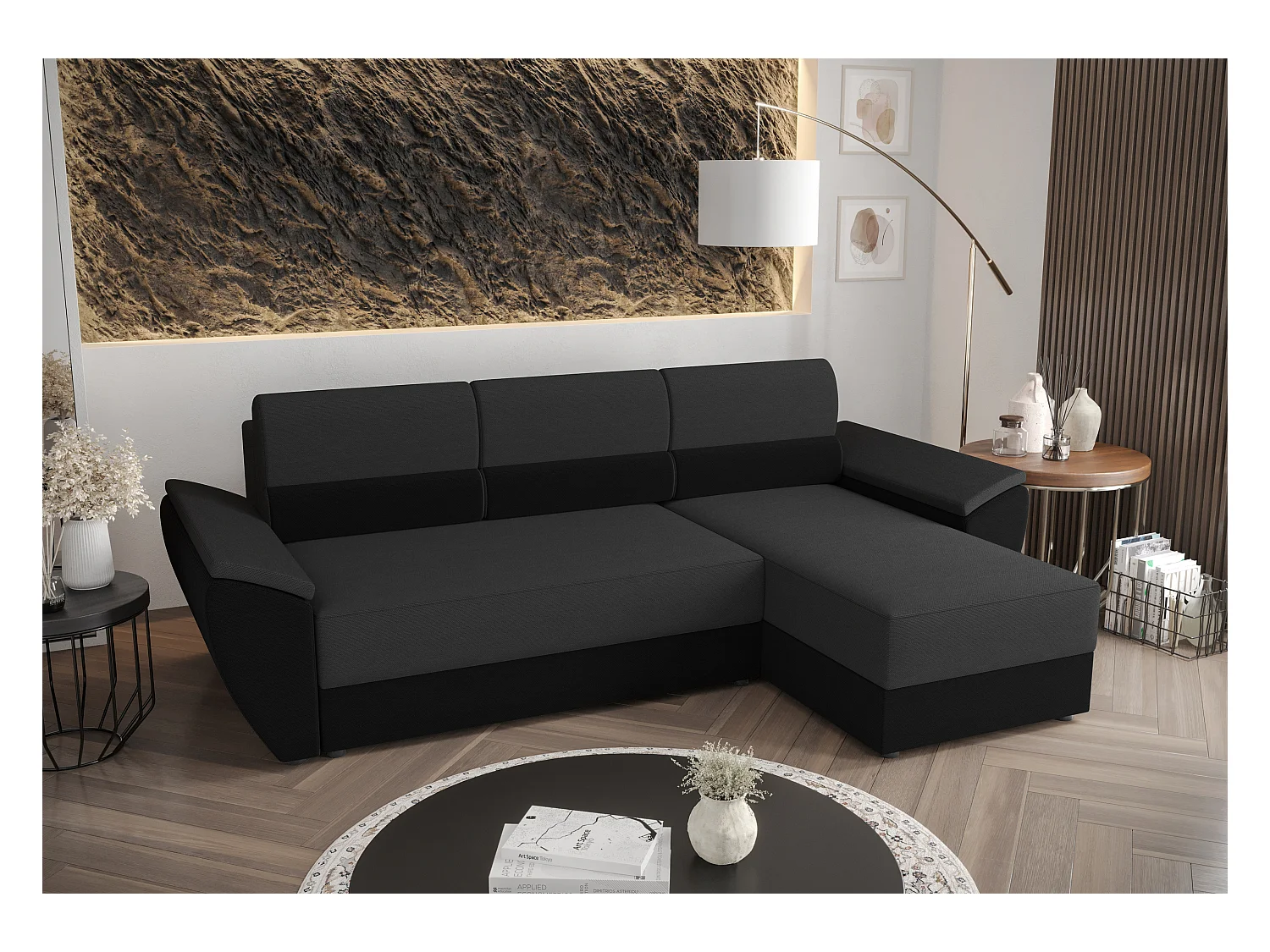 BEDANTE Hoekbank L REBI L2 Rainbow 27/15 Rechts met slaapfunctie, grijs/zwart, L-vorm, bank met opbergruimte, bedlade, woonkamerbank, bankstel, sofa, slaapbank