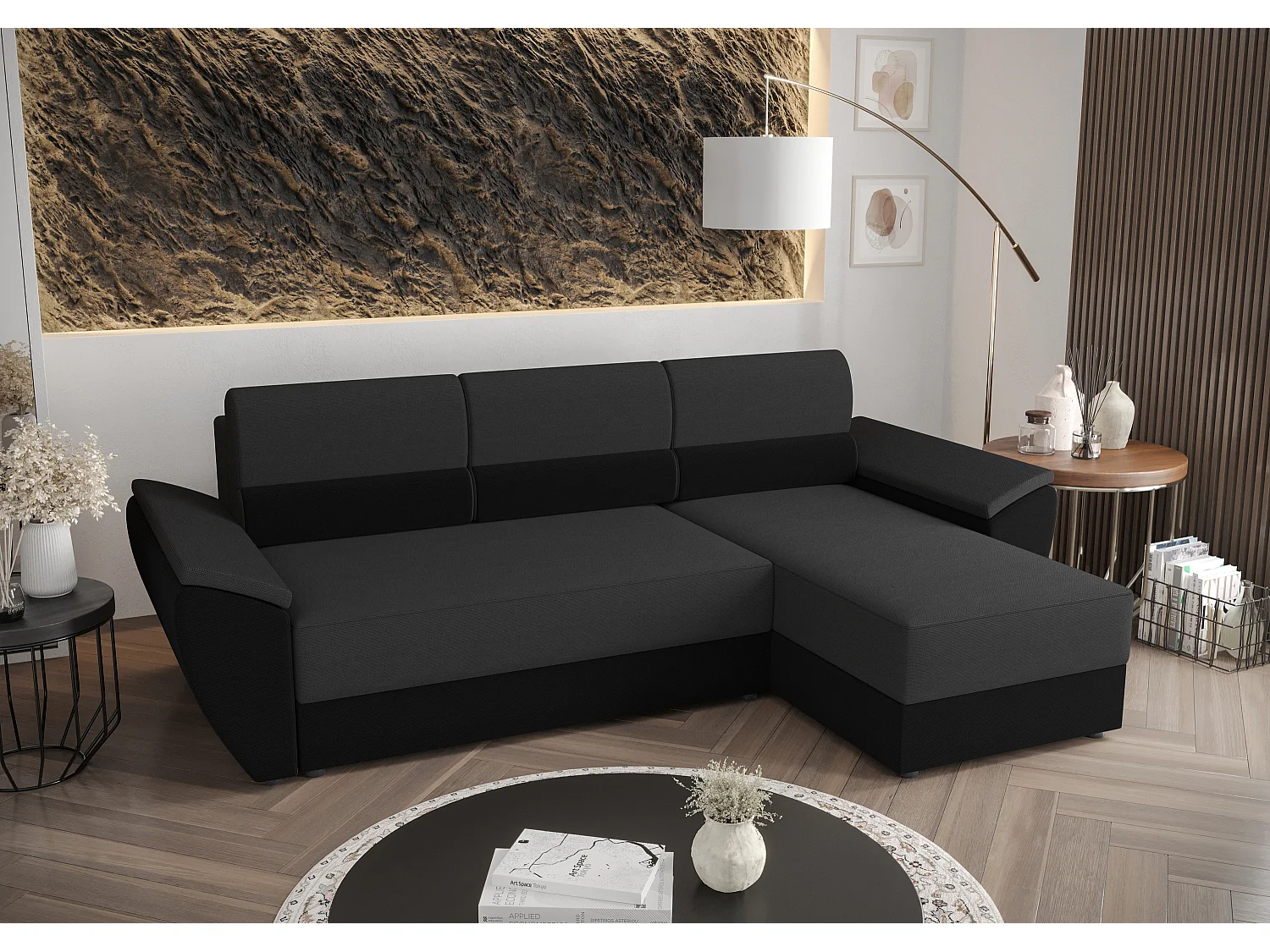BEDANTE Ecksofa L REBI L2 Rainbow 27/15 Rechts mit Schlaffunktion, Grau/Schwarz, L-Form, Sofa mit Stauraum, Bettkasten, Wohnzimmersofa, Couch, Sofa, Bettsofa
