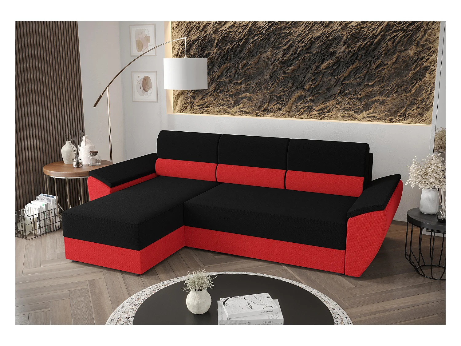 BEDANTE Ecksofa L REBI L2 Rainbow 15/22 Links mit Schlaffunktion , Schwarz/Rot, L-Form, Sofa mit Stauraum, Bettkasten, Wohnzimmersofa, Couch, Sofa, Bettsofa