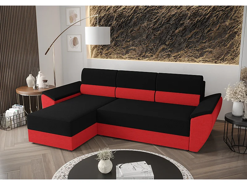 BEDANTE Hoekbank L REBI L2 Rainbow 15/22 Links met slaapfunctie, zwart/rood, L-vorm, bank met opbergruimte, bedlade, woonkamerbank, bankstel, sofa, slaapbank