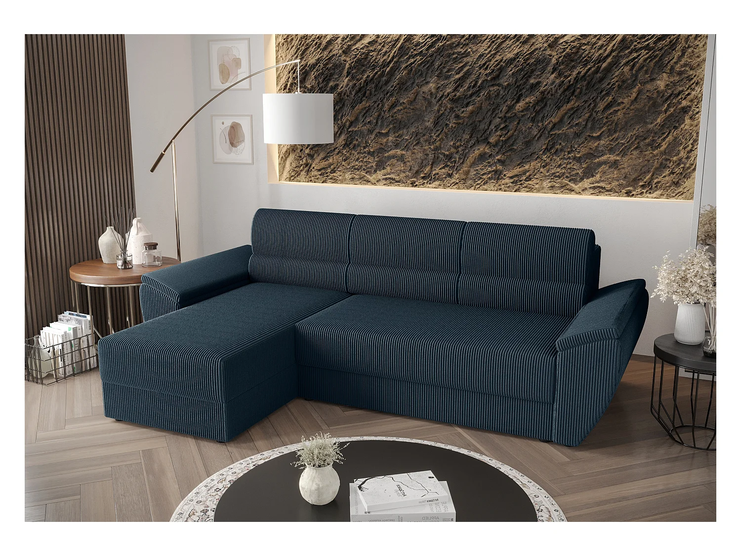 BEDANTE Ecksofa L REBI L2 Poso 05 Links mit Schlaffunktion, Dunkelblau, L-Form, Sofa mit Stauraum, Bettkasten, Wohnzimmersofa, Couch, Sofa, Bettsofa