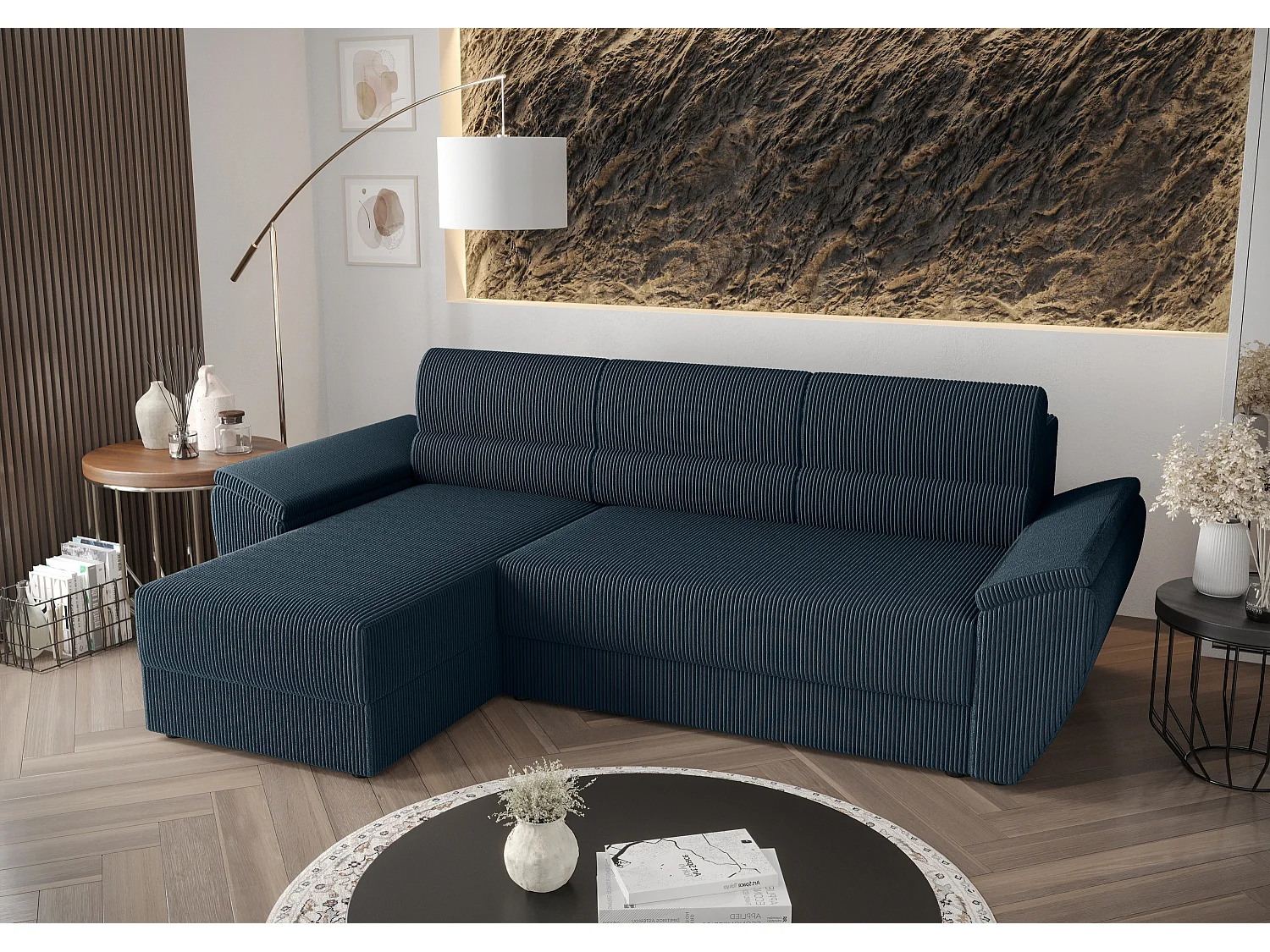 BEDANTE Ecksofa L REBI L2 Poso 05 Links mit Schlaffunktion, Dunkelblau, L-Form, Sofa mit Stauraum, Bettkasten, Wohnzimmersofa, Couch, Sofa, Bettsofa