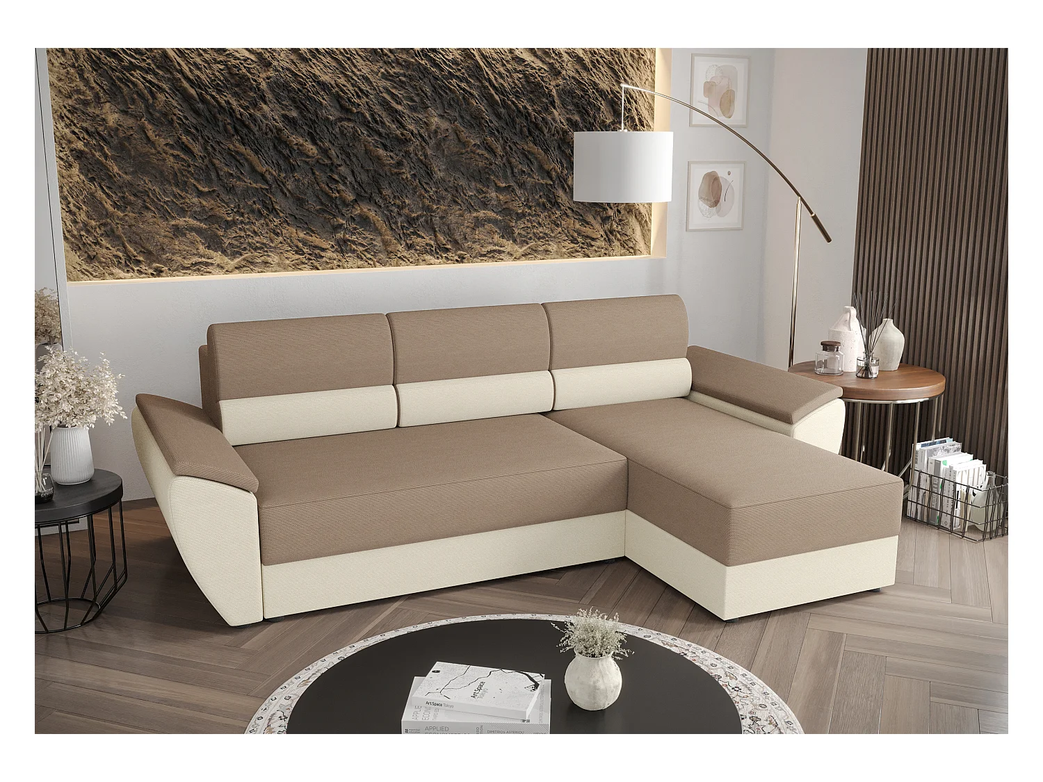 BEDANTE Ecksofa L REBI L2 Rainbow 05/16 Rechts mit Schlaffunktion, Beige/Creme, L-Form, Sofa mit Stauraum, Bettkasten, Wohnzimmersofa, Couch, Sofa, Bettsofa