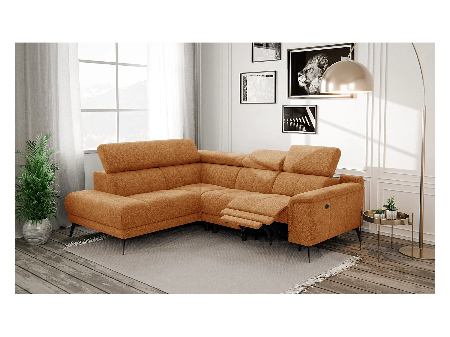Canapé d'angle 4 places avec  1 relax électrique tissu orange - FIERO