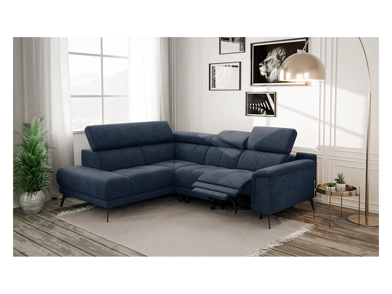 Canapé d'angle 4 places avec  1 relax électrique tissu bleu marine - FIERO