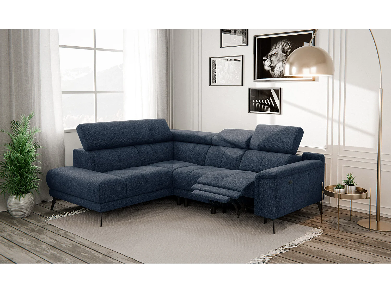 Canapé d'angle 4 places avec  1 relax électrique tissu bleu marine - FIERO