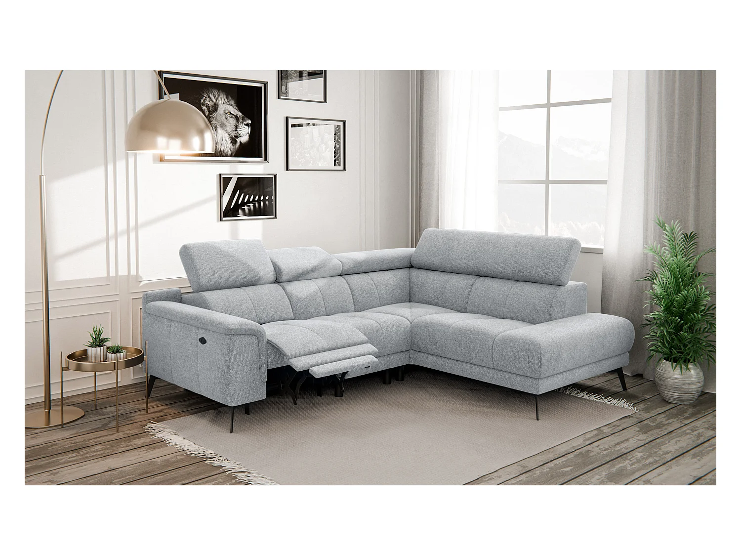 Canapé d'angle 4 places avec  1 relax électrique tissu gris argenté - FIERO