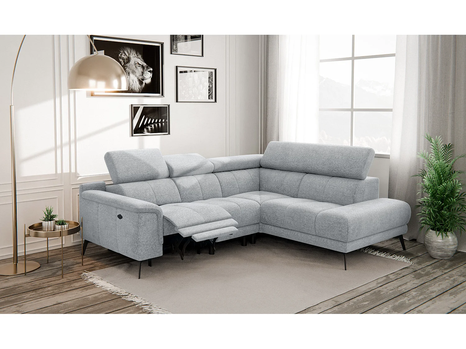 Canapé d'angle 4 places avec  1 relax électrique tissu gris argenté - FIERO