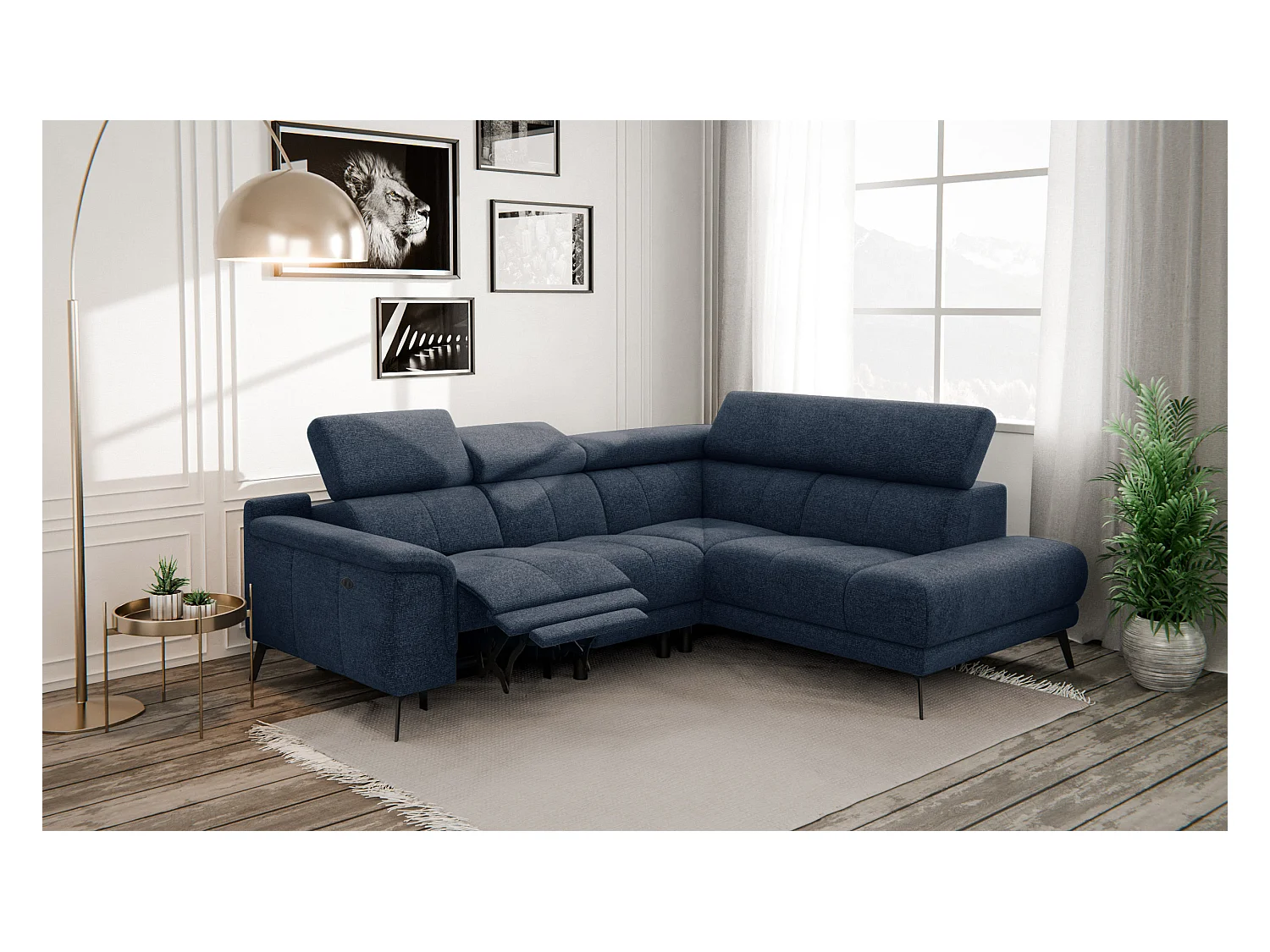 Ecksofa FIERO 4-Sitzer mit 1 Relaxfunktion und verstellbare Kopfstützen, marineblau