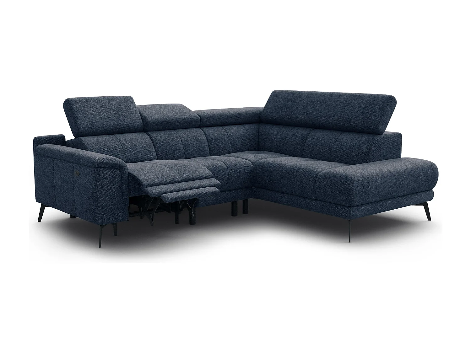 Ecksofa FIERO 4-Sitzer mit 1 Relaxfunktion und verstellbare Kopfstützen, marineblau
