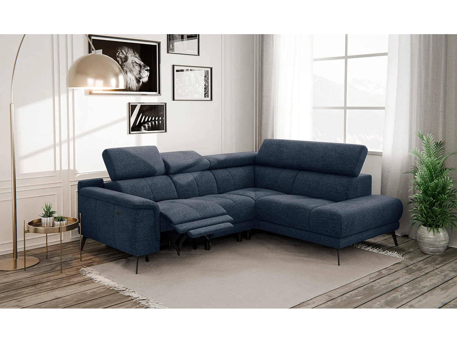 Ecksofa FIERO 4-Sitzer mit 1 Relaxfunktion und verstellbare Kopfstützen, marineblau