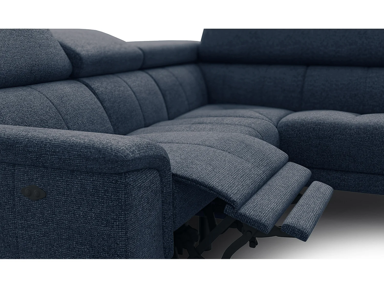 Ecksofa FIERO 4-Sitzer mit 1 Relaxfunktion und verstellbare Kopfstützen, marineblau