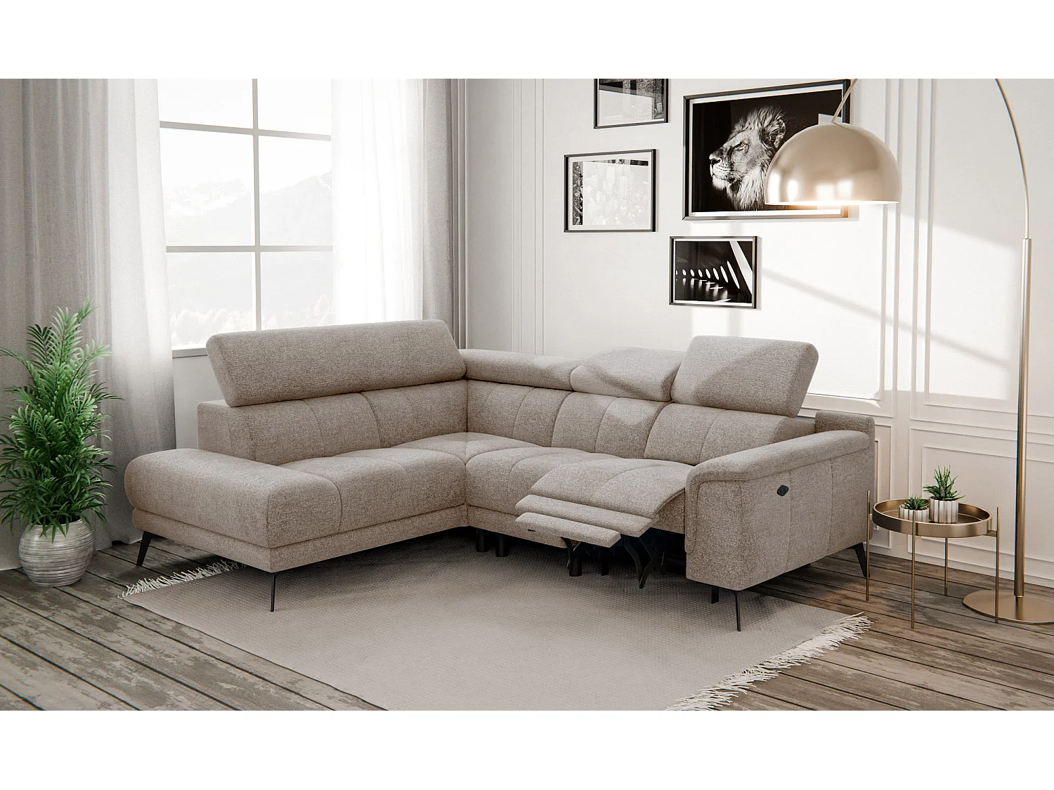 Canapé d'angle 4 places avec  1 relax électrique tissu taupe - FIERO