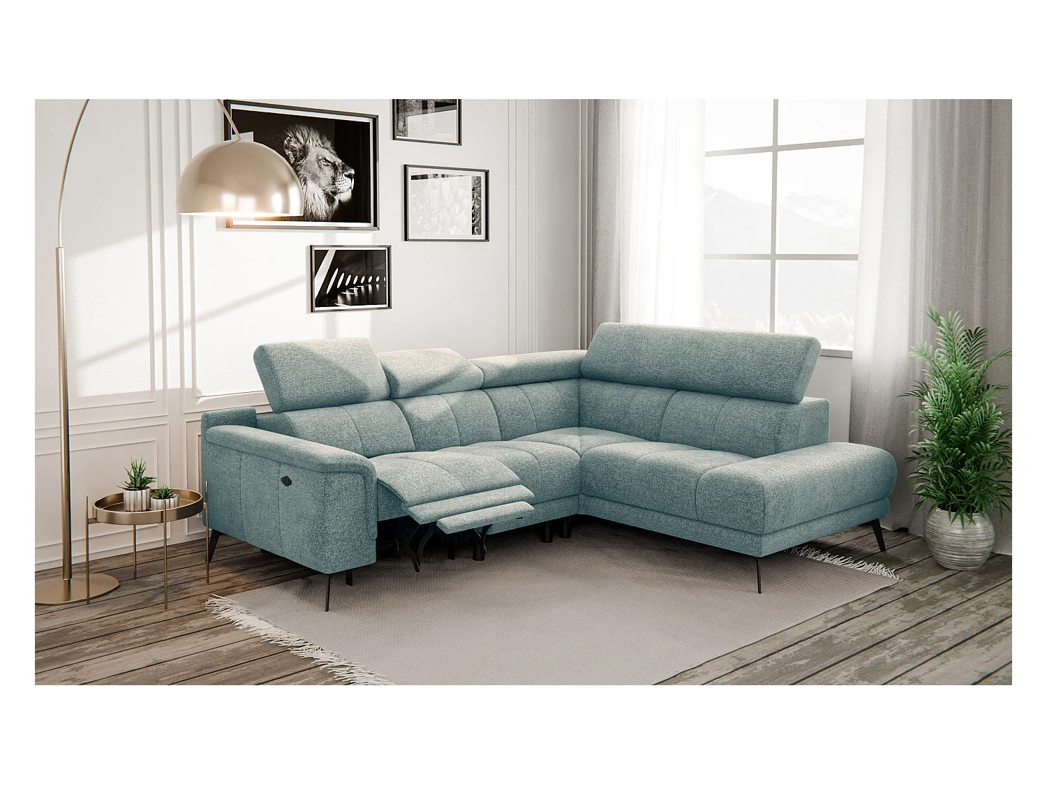 Canapé d'angle 4 places avec  1 relax électrique tissu menthe - FIERO