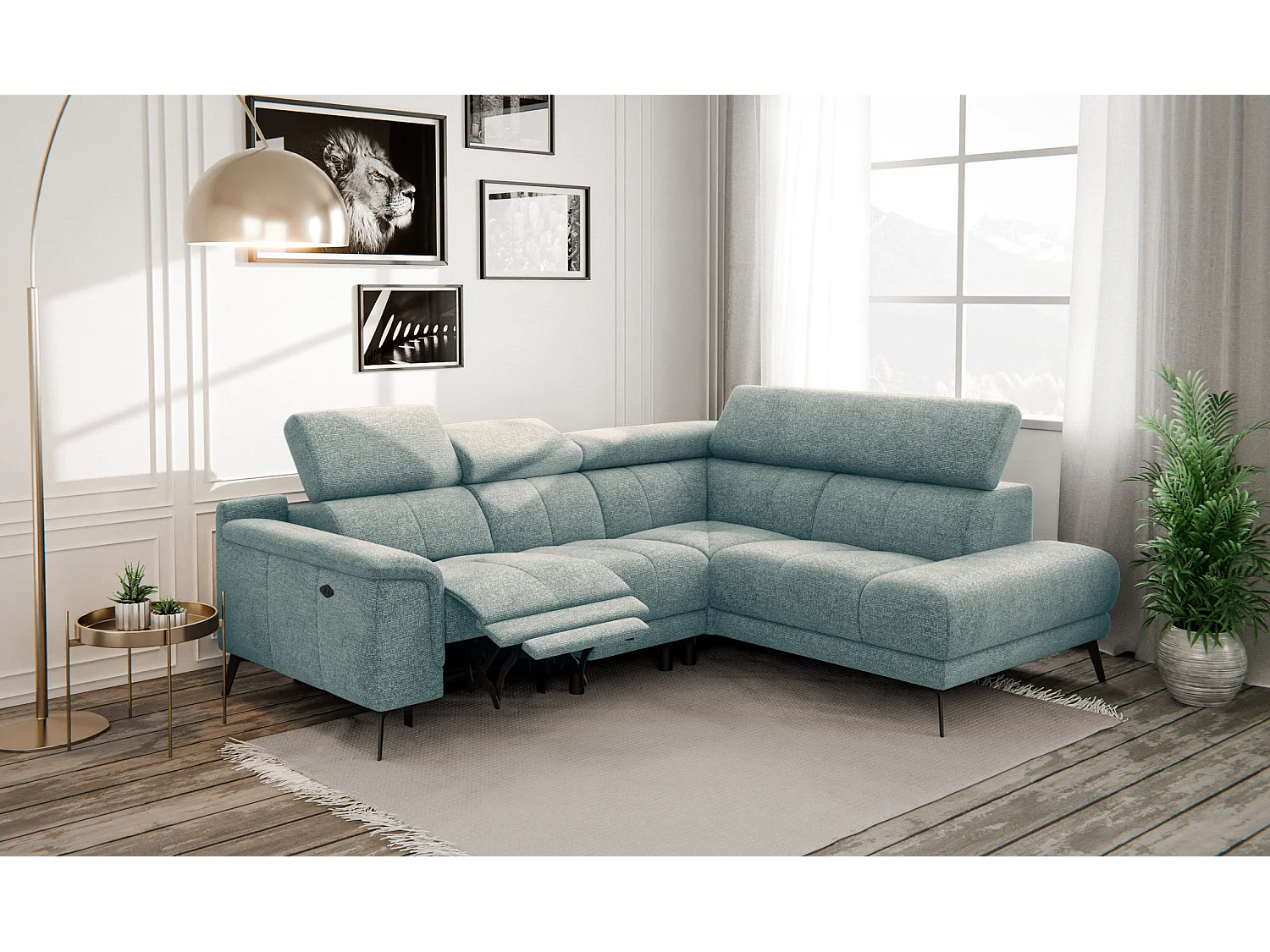 Canapé d'angle 4 places avec  1 relax électrique tissu menthe - FIERO