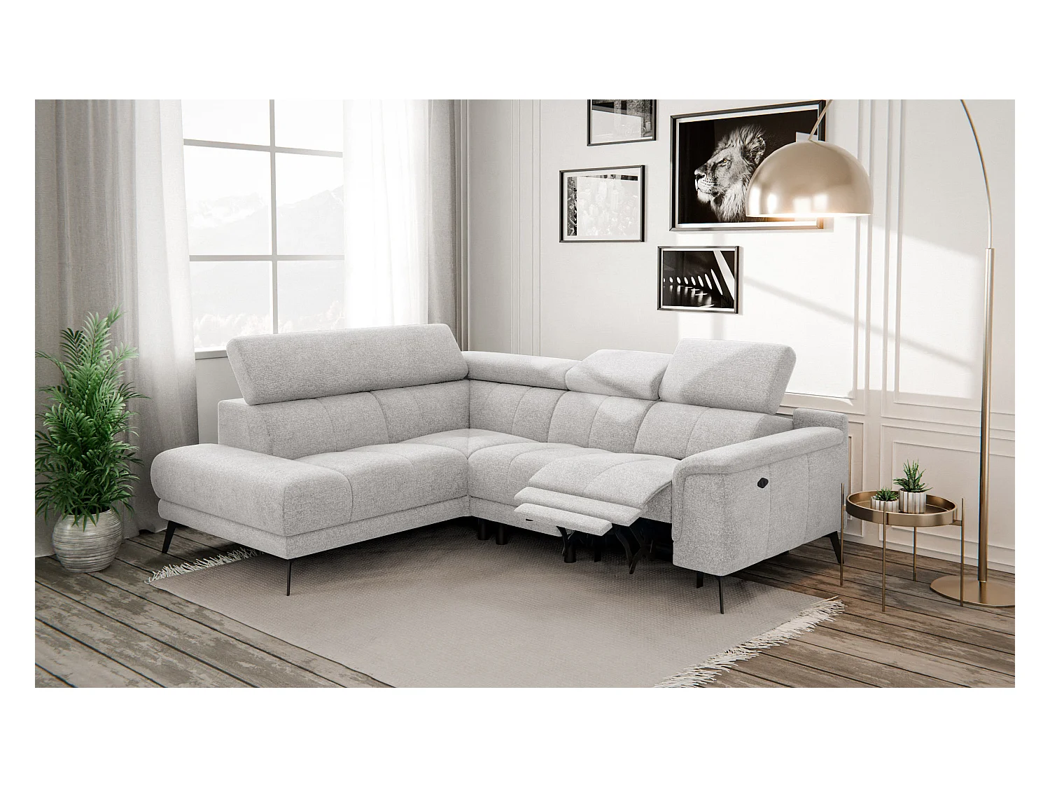FIERO Ecksofa 4-Sitzer mit 1 Relaxfunktion und verstellbare Kopfstützen, creme