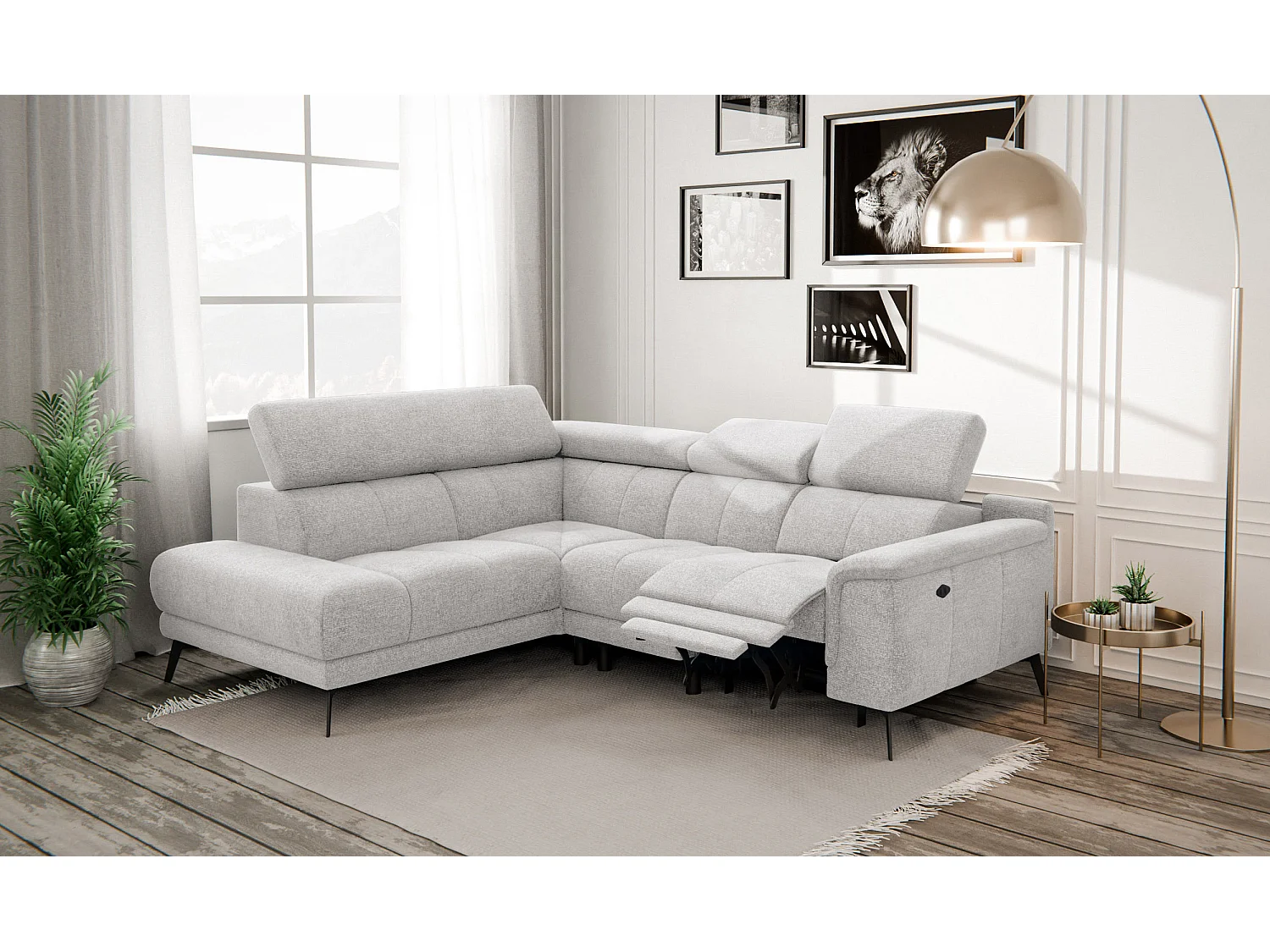FIERO Ecksofa 4-Sitzer mit 1 Relaxfunktion und verstellbare Kopfstützen, creme