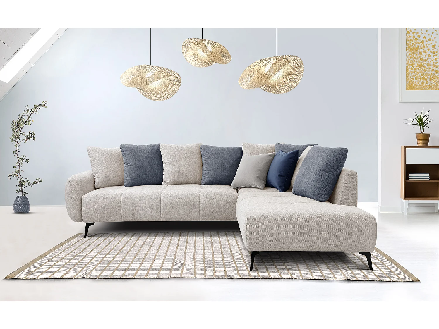 Canapé d'angle droit 5 places tissu creme - EVENTO