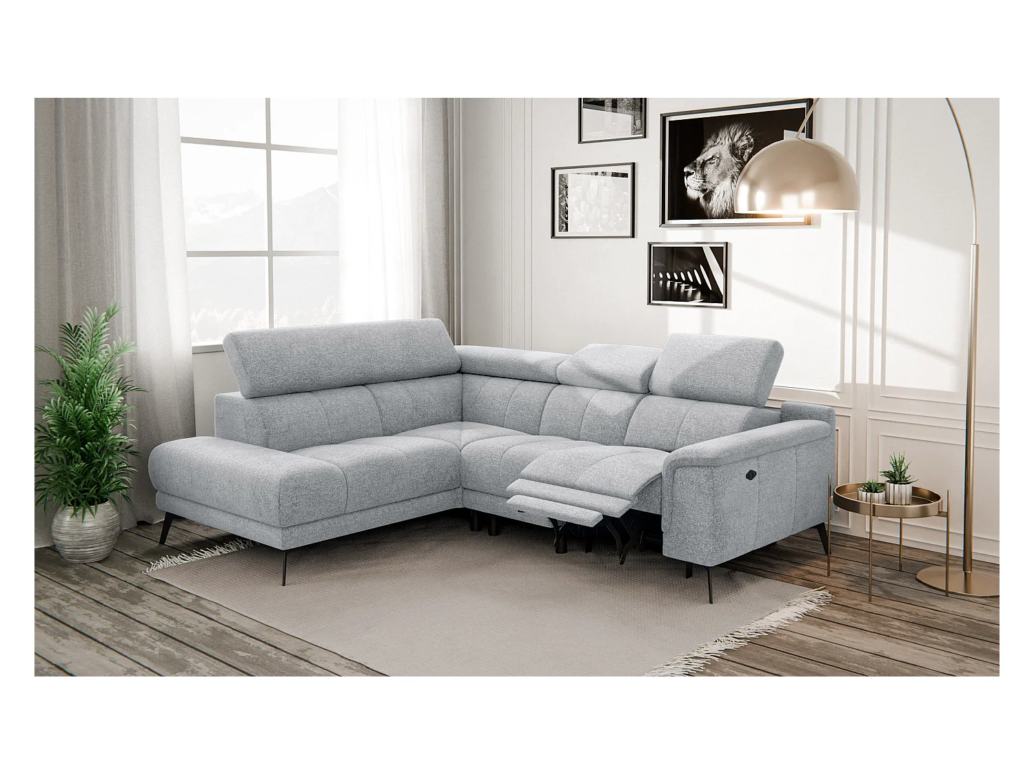 FIERO Ecksofa 4-Sitzer mit 1 Relaxfunktion und verstellbare Kopfstützen, silbergrau