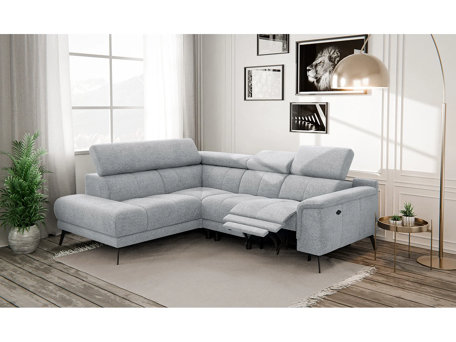 Canapé d'angle 4 places avec  1 relax électrique tissu gris argenté - FIERO