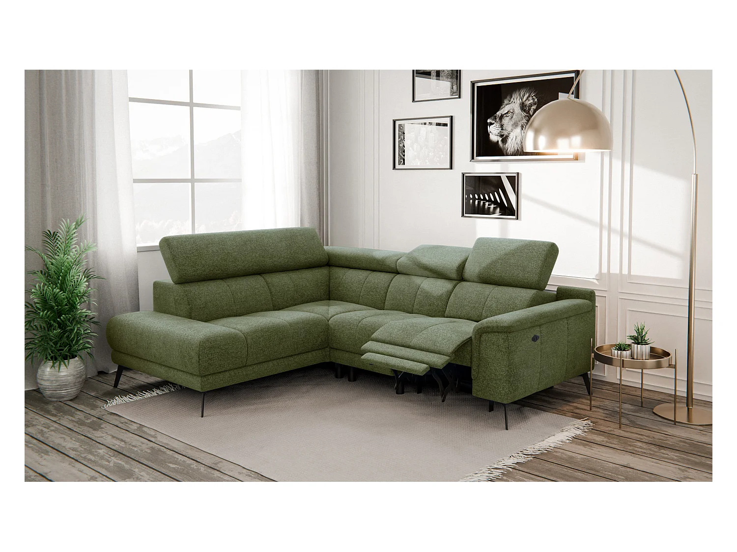 FIERO Ecksofa 4-Sitzer mit 1 Relaxfunktion und verstellbare Kopfstützen, olive