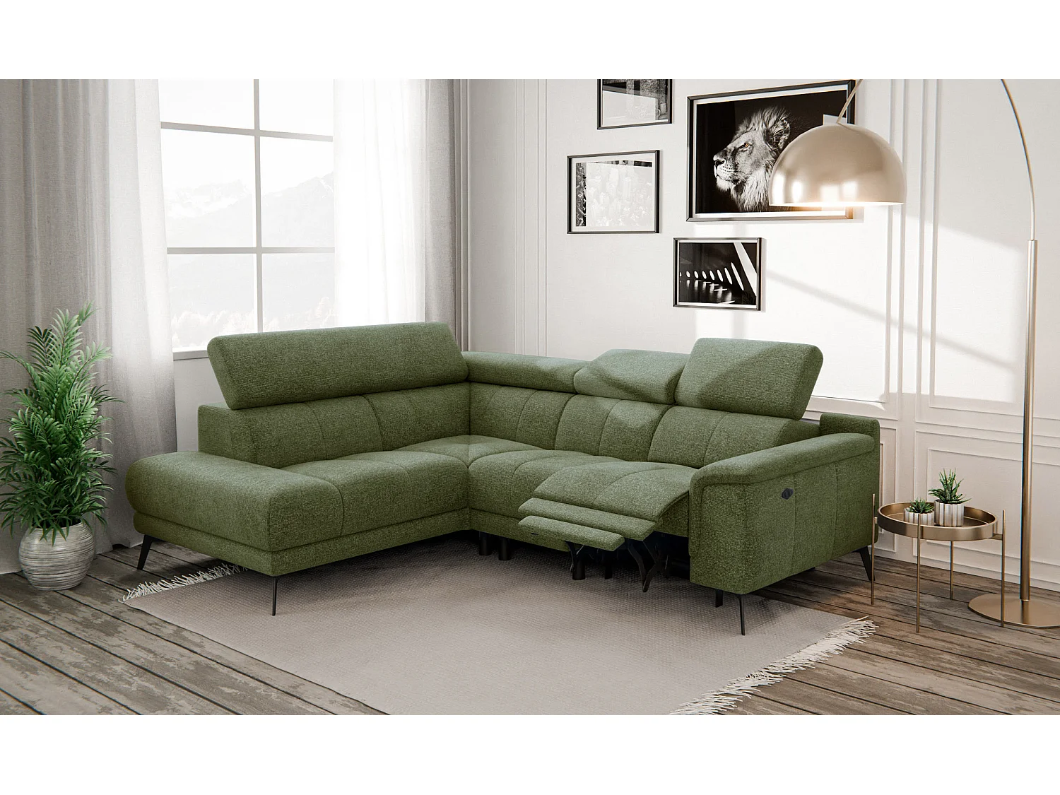 Canapé d'angle 4 places avec  1 relax électrique tissu olive - FIERO