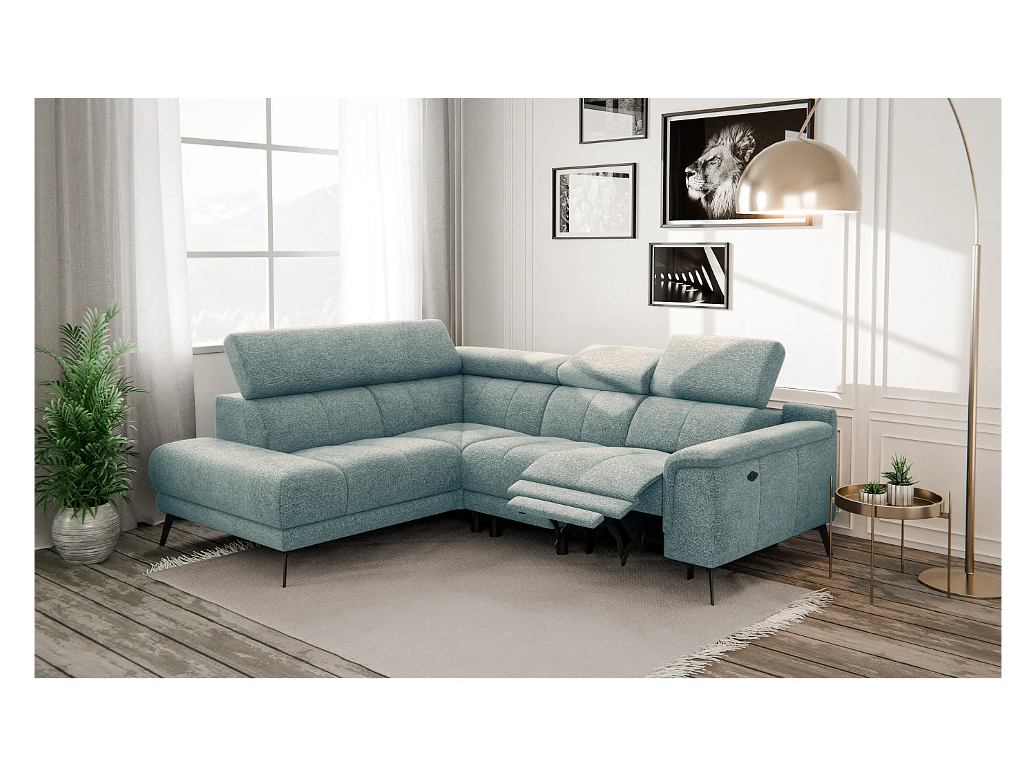 FIERO Ecksofa 4-Sitzer mit 1 Relaxfunktion und verstellbare Kopfstützen, mint
