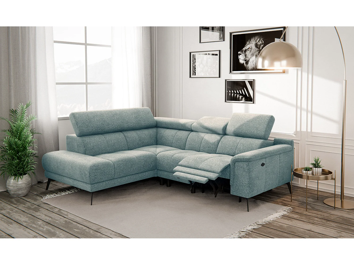 Canapé d'angle 4 places avec  1 relax électrique tissu menthe - FIERO