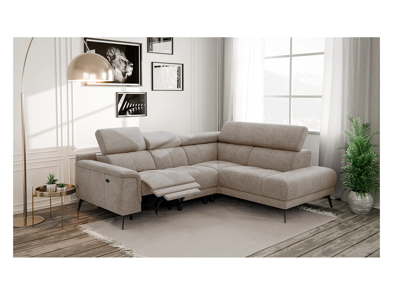 Canapé d'angle 4 places avec  1 relax électrique tissu taupe - FIERO