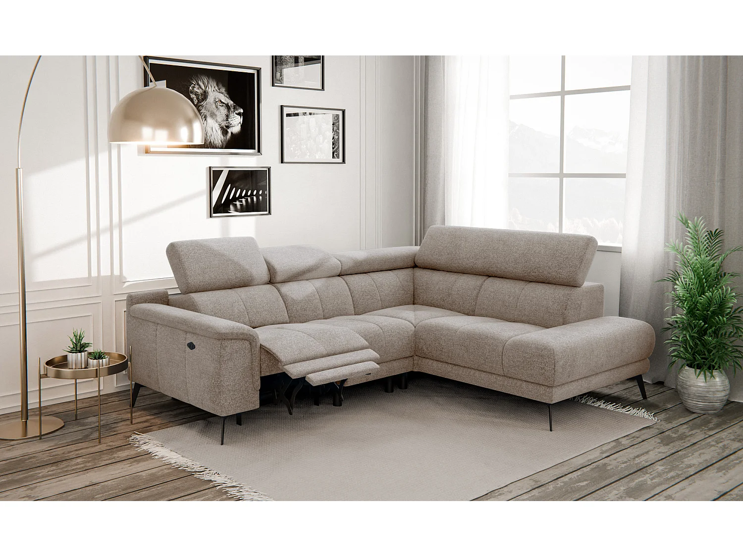 Canapé d'angle 4 places avec  1 relax électrique tissu taupe - FIERO