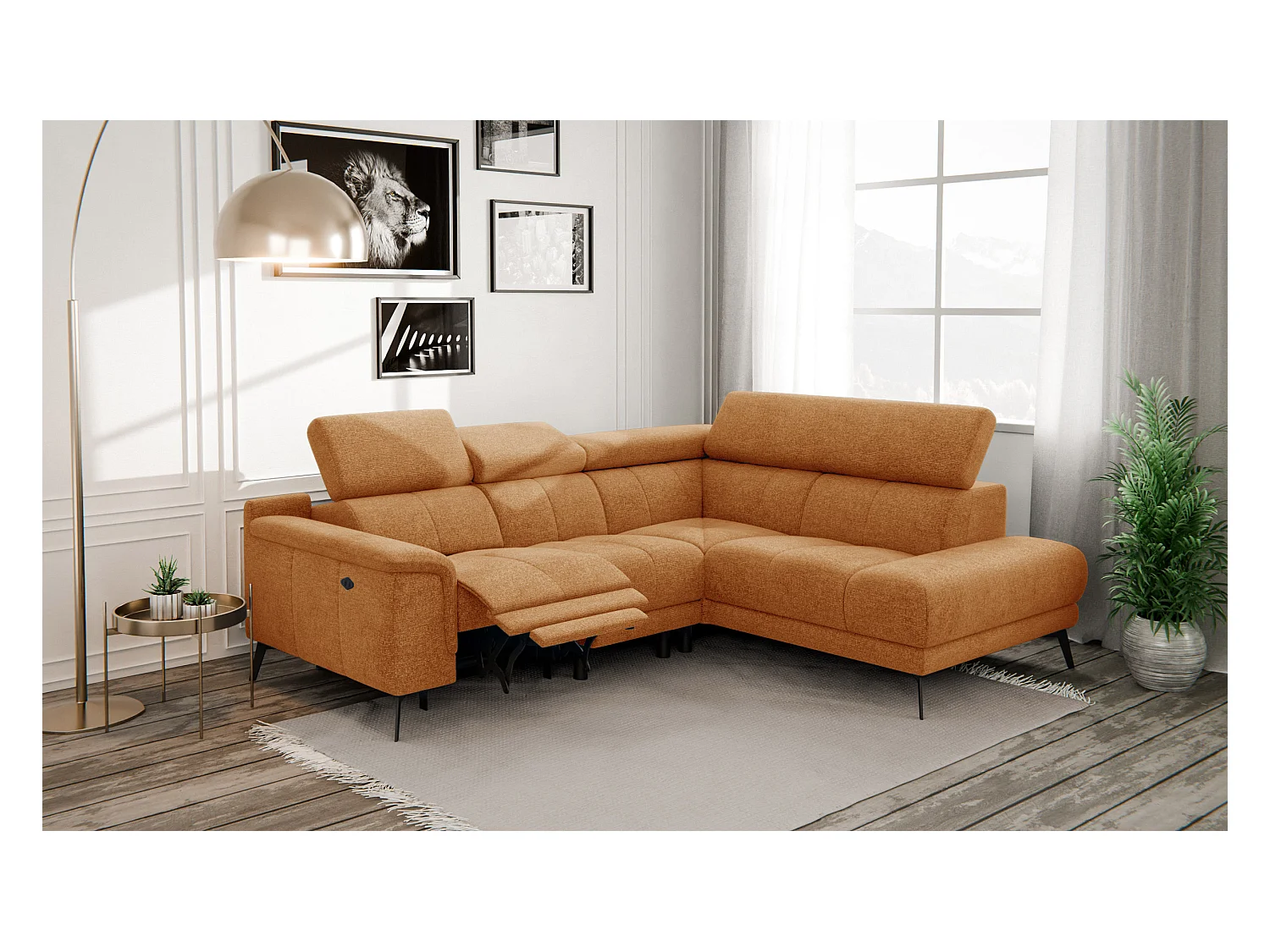 Canapé d'angle 4 places avec  1 relax électrique tissu orange - FIERO