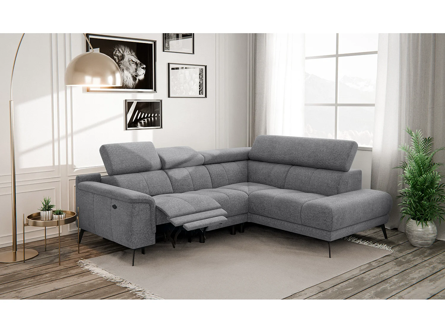 FIERO Ecksofa 4-Sitzer mit 1 Relaxfunktion und verstellbare Kopfstützen, grau