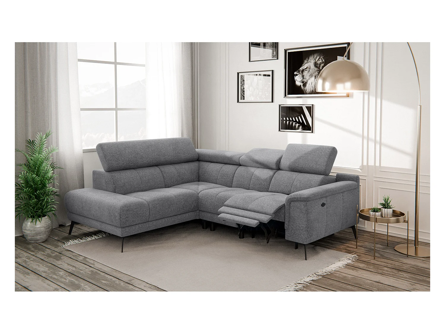 Canapé d'angle 4 places avec  1 relax électrique tissu gris - FIERO