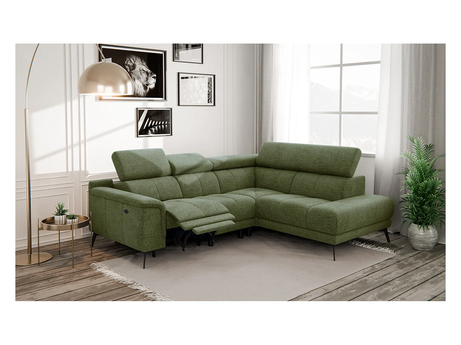 FIERO Ecksofa 4-Sitzer mit 1 Relaxfunktion und verstellbare Kopfstützen, olive