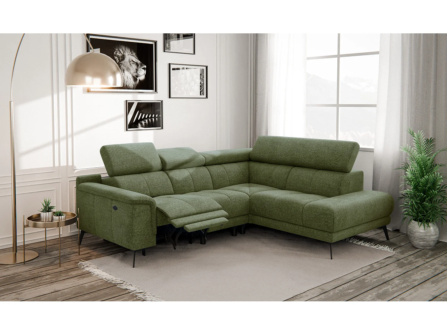 Canapé d'angle 4 places avec  1 relax électrique tissu olive - FIERO