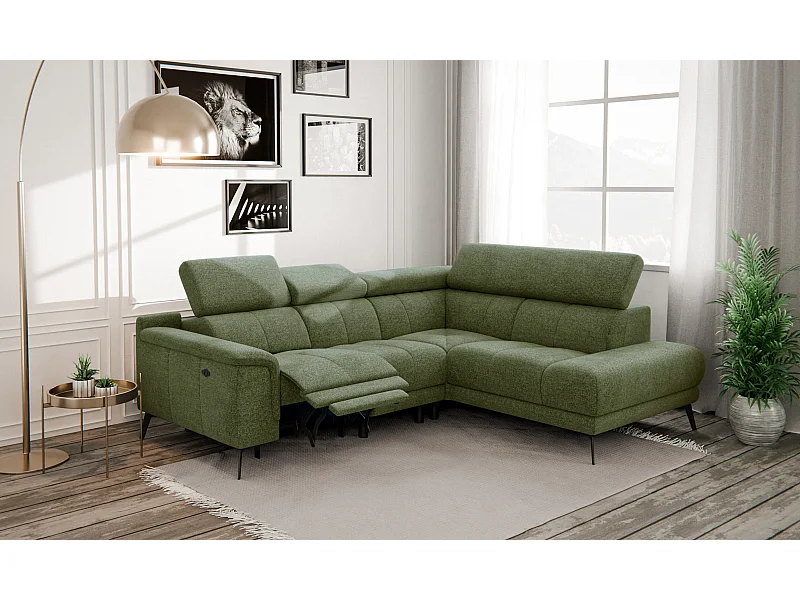 Canapé d'angle 4 places avec  1 relax électrique tissu olive - FIERO