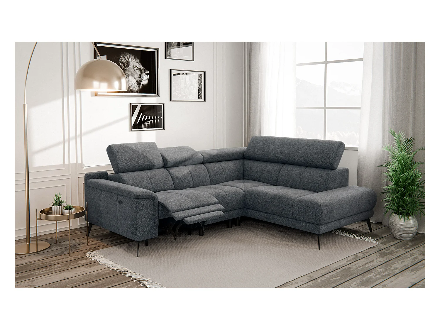 FIERO Ecksofa 4-Sitzer mit 1 Relaxfunktion und verstellbare Kopfstützen, dunkelgrau
