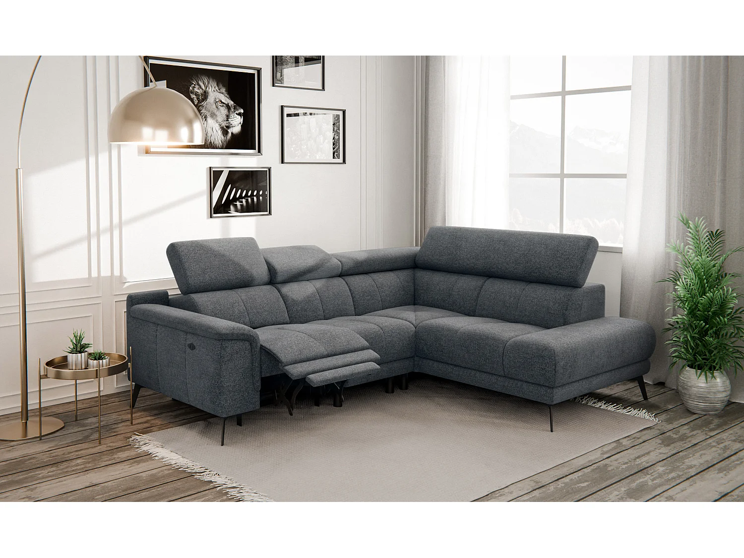 FIERO Ecksofa 4-Sitzer mit 1 Relaxfunktion und verstellbare Kopfstützen, dunkelgrau