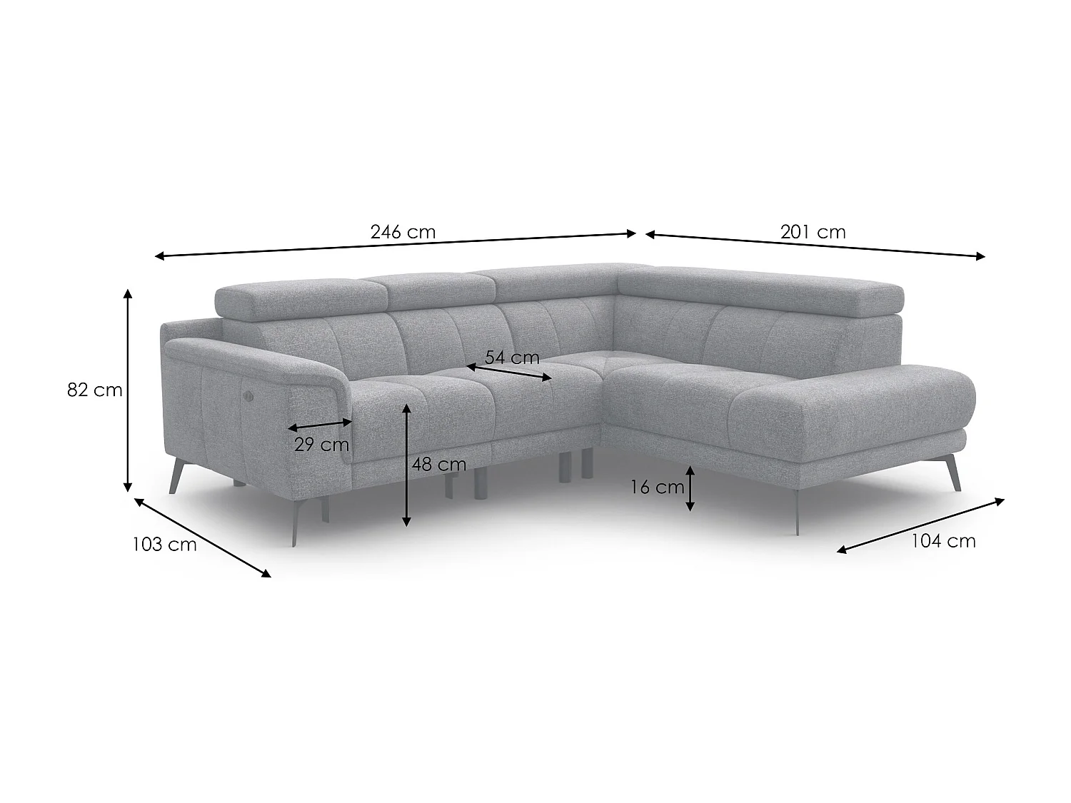 FIERO Ecksofa 4-Sitzer mit 1 Relaxfunktion und verstellbare Kopfstützen, dunkelgrau