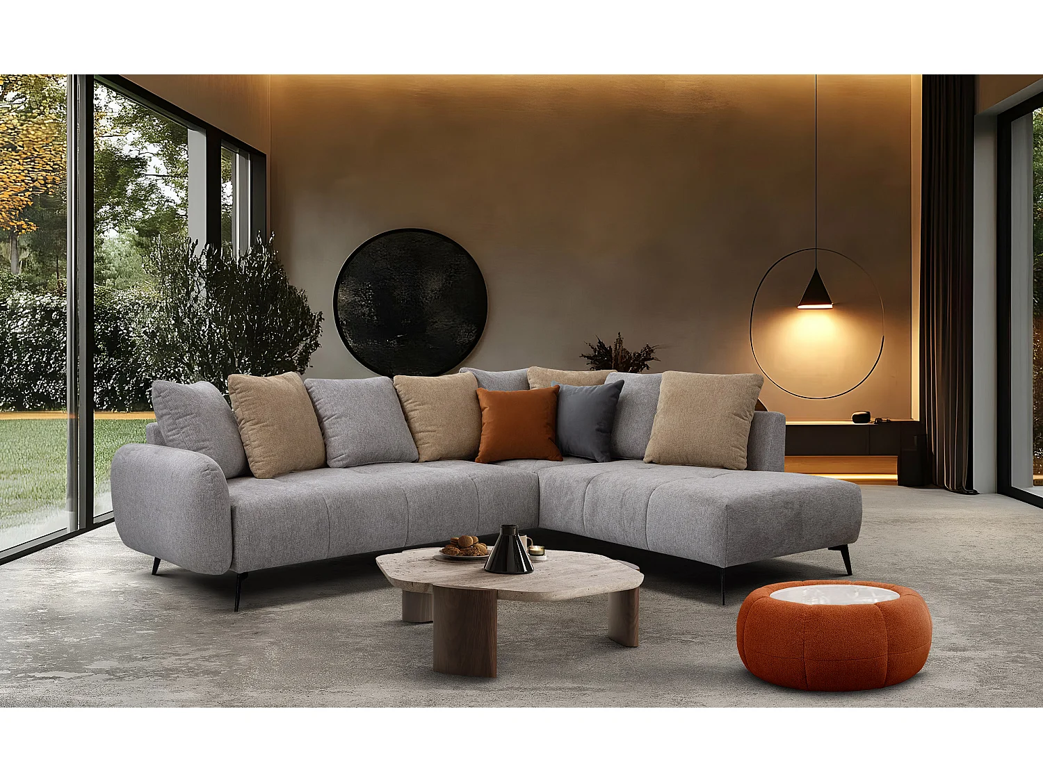 Canapé d'angle droit 5 places tissu gris chaud - EVENTO