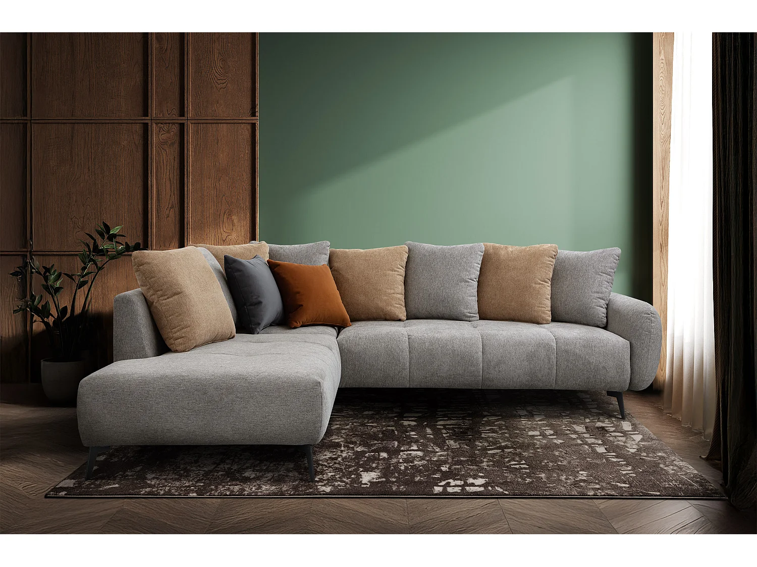 Canapé d'angle droit 5 places tissu gris chaud - EVENTO