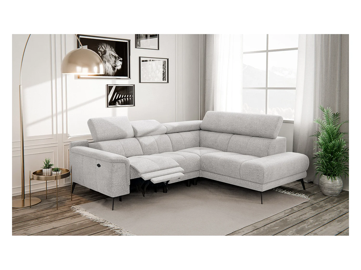 FIERO Ecksofa 4-Sitzer mit 1 Relaxfunktion und verstellbare Kopfstützen, creme