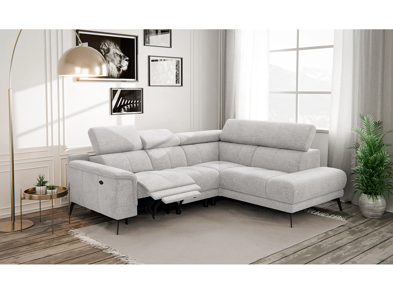 FIERO Ecksofa 4-Sitzer mit 1 Relaxfunktion und verstellbare Kopfstützen, creme